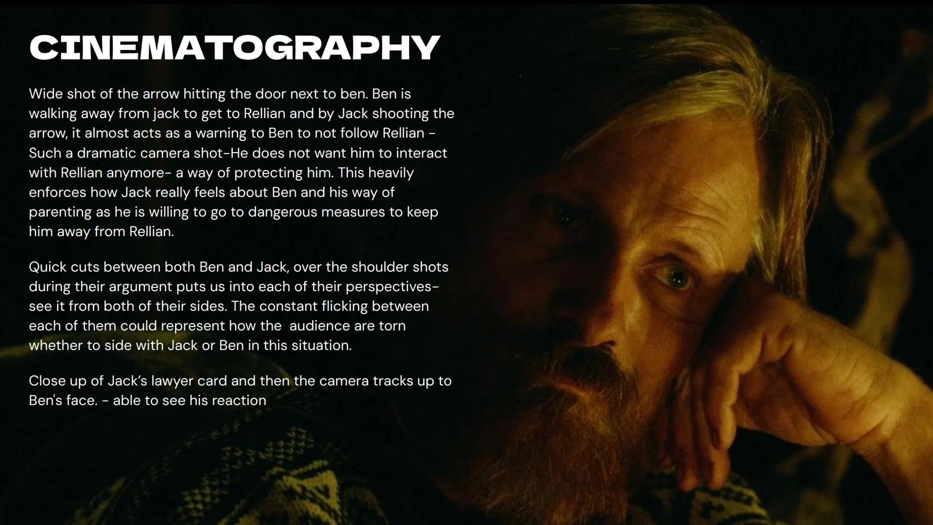 CINEMATOGRAPHY
Long shot - showing full outside of house-modern, luxurious,safe-
huge contrast to where ben and the kids have been living in