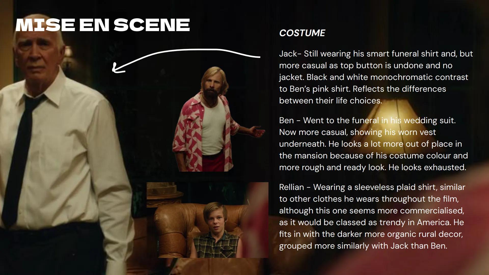 CINEMATOGRAPHY
Long shot - showing full outside of house-modern, luxurious,safe-
huge contrast to where ben and the kids have been living in