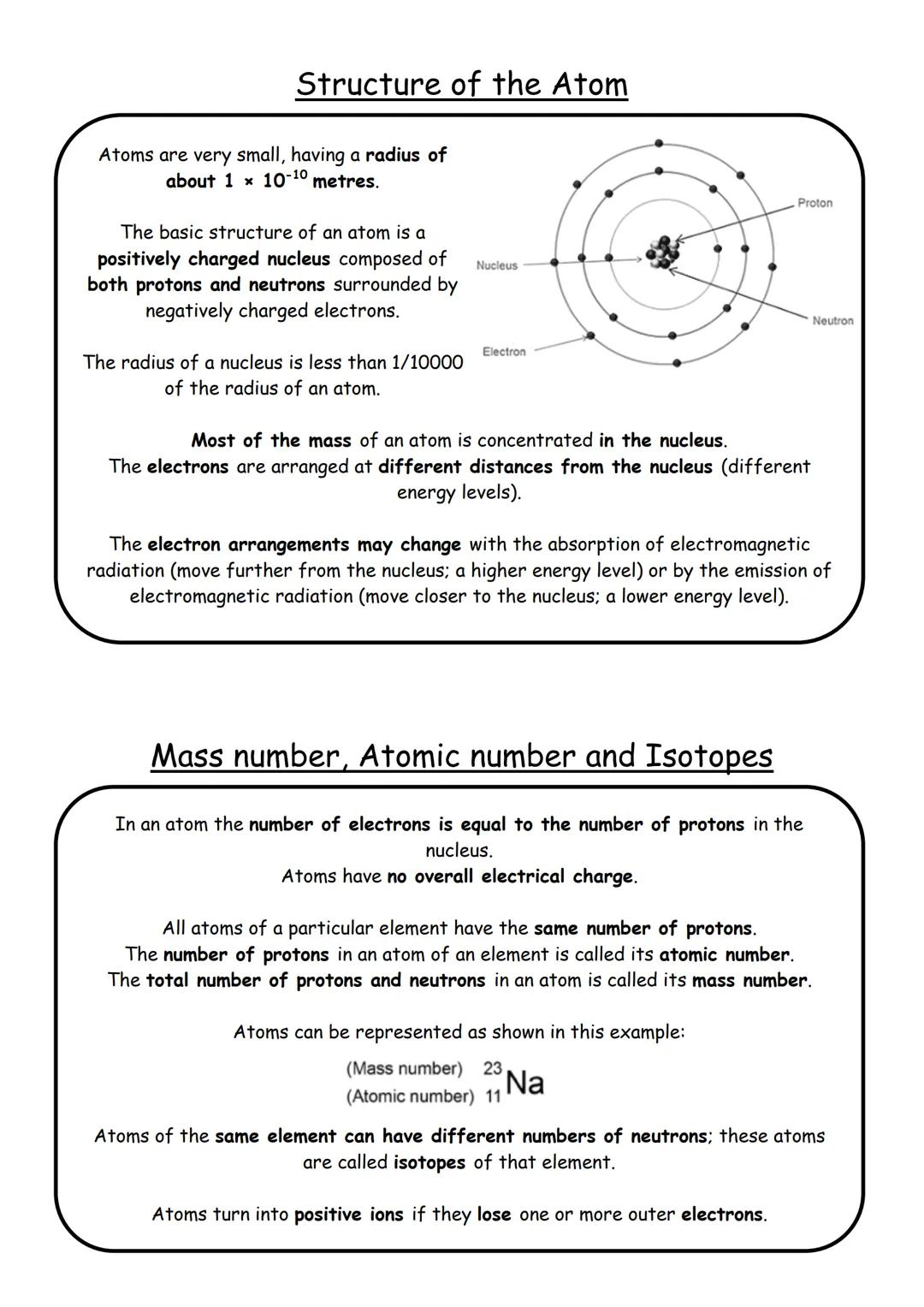 Structure of the Atom
Atoms are very small, having a radius of
about 1 x 10<sup>-10</sup> metres.
The basic structure of an atom is a
positi