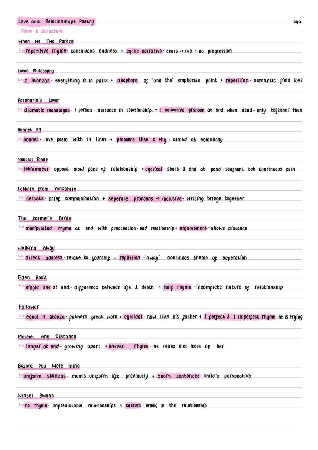 Love and Relationships Poetry
Form & Structure
When we Two Parted
> repetitive rhyme continuous sadness + cyclic narrative tears -> rue no p