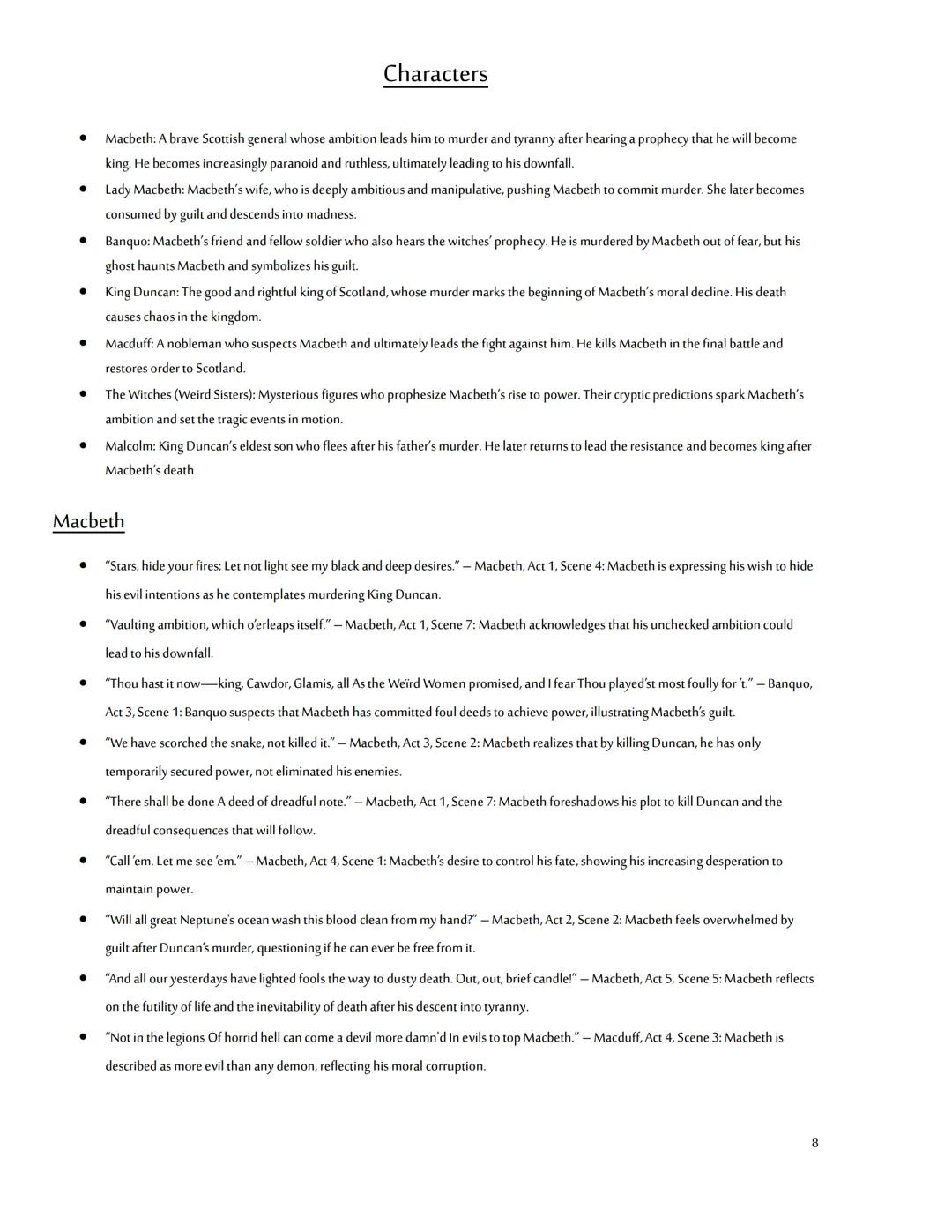 Quote Bank
Themes, Characters and Overviews Contents
Macbeth - William Shakespeare. 6
Overview 6
Characters
Macbeth 8
Lady Macbeth 8
Dun