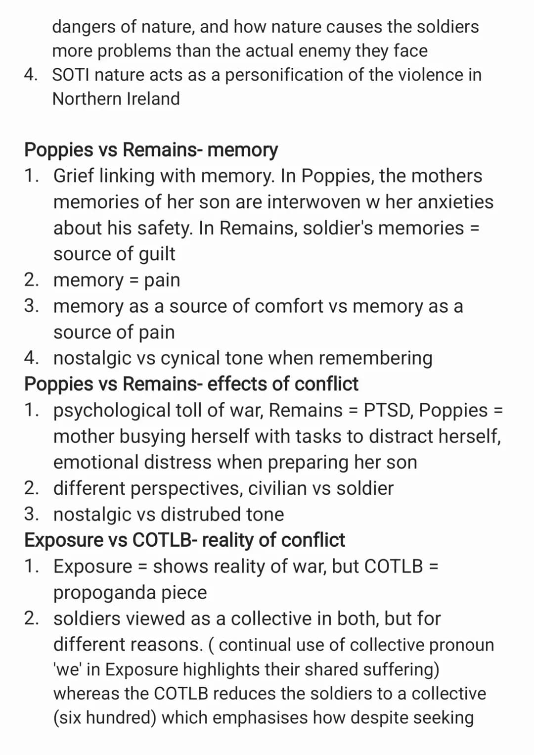Prelude- power of nature or fear
SOTI- power of nature
Poppies- memory or effects of conflict
Exposure- reality of conflict
Bayonet Charge-