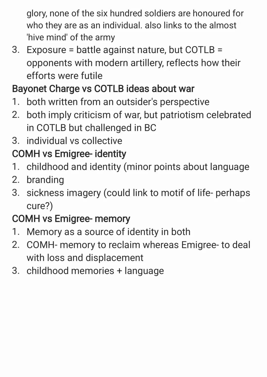 Prelude- power of nature or fear
SOTI- power of nature
Poppies- memory or effects of conflict
Exposure- reality of conflict
Bayonet Charge-
