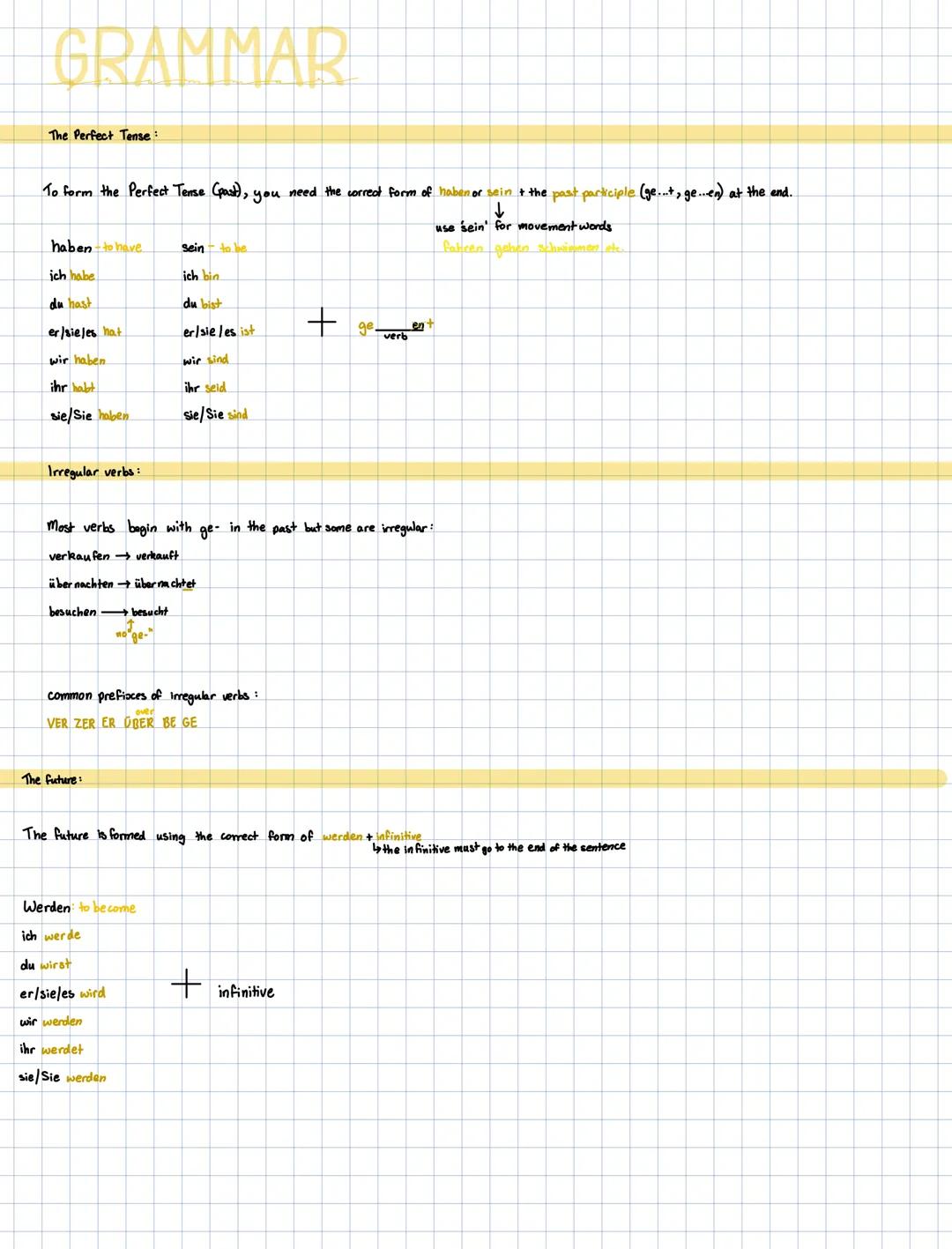 GRAMMAR
The Perfect Tense:
To form the Perfect Tense (past), you need the correct form of haben or sein + the past participle (ge...t, ge...