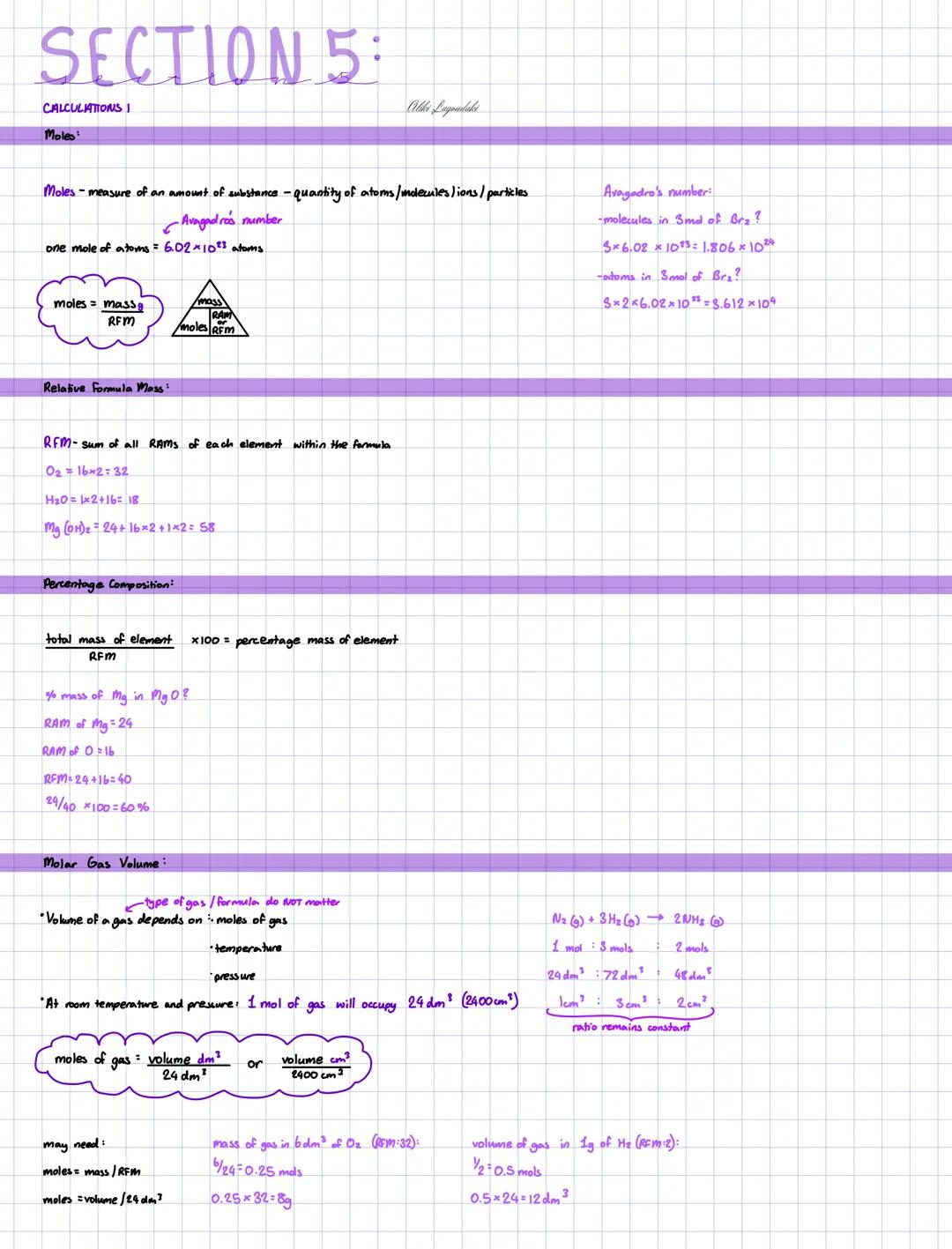 SECTION 5:
CALCULATIONS I
Moles
Wiki Lagoudaki
Moles-measure of an amount of substance-quantity of atoms/mdecules)ions/particles
Avagadrรณs n