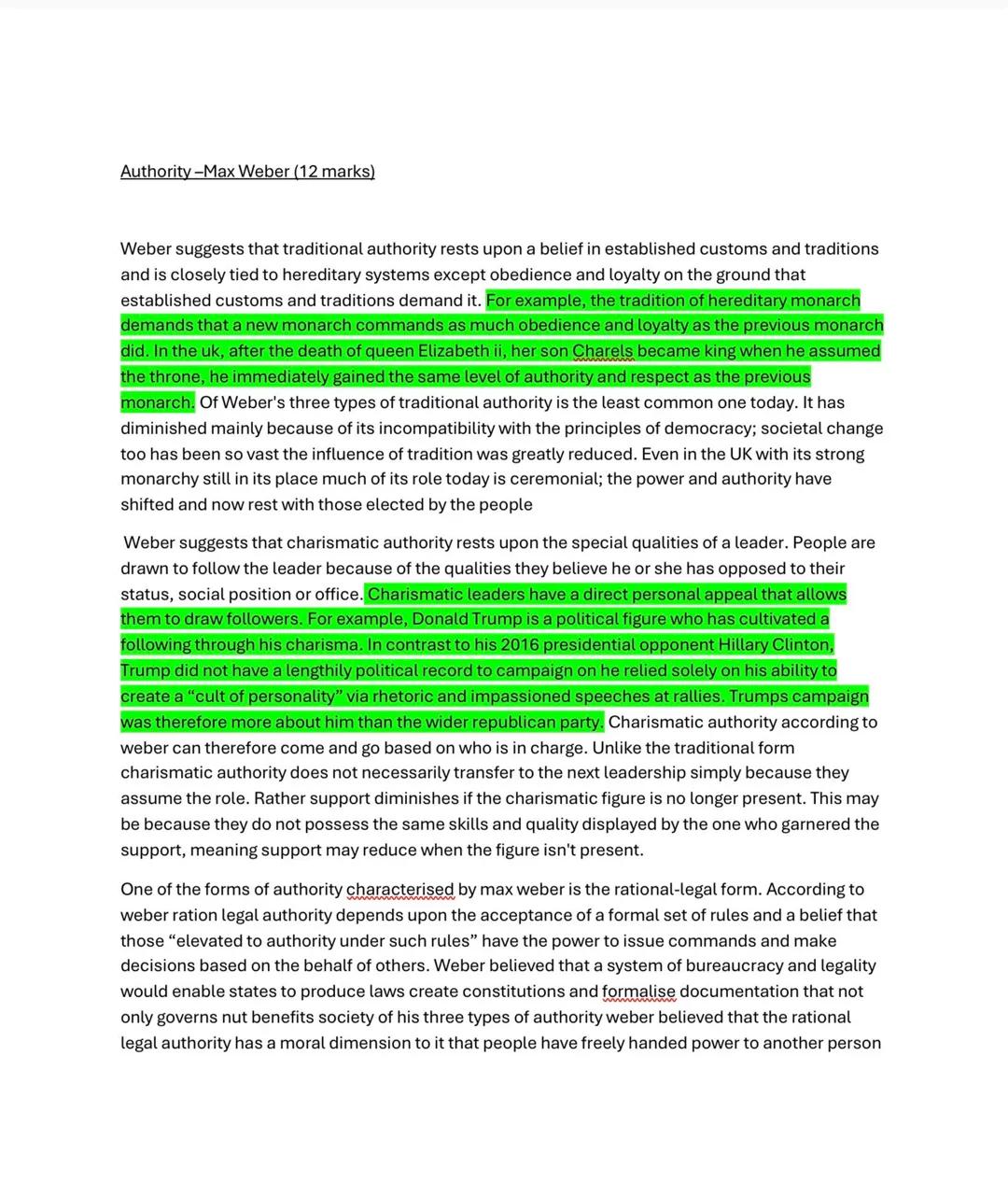 # Authority --Max Weber (12 marks)
Weber suggests that traditional authority rests upon a belief in established customs and traditions and