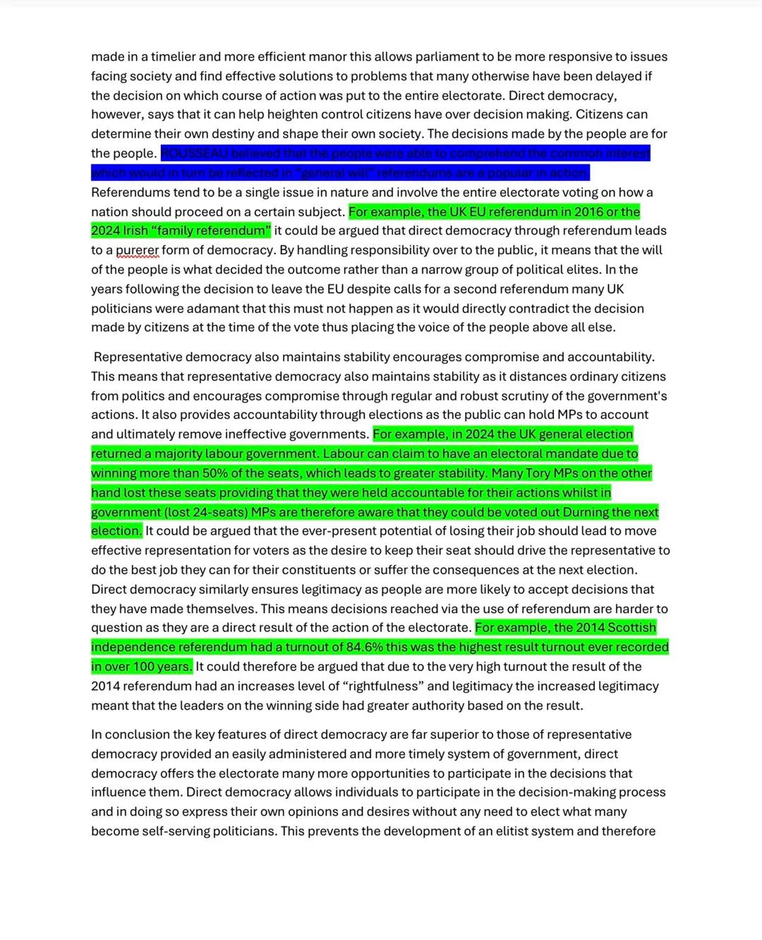 Democracy
The difference between direct and representative democracy are that in direct it enables the public
to express their own views wit