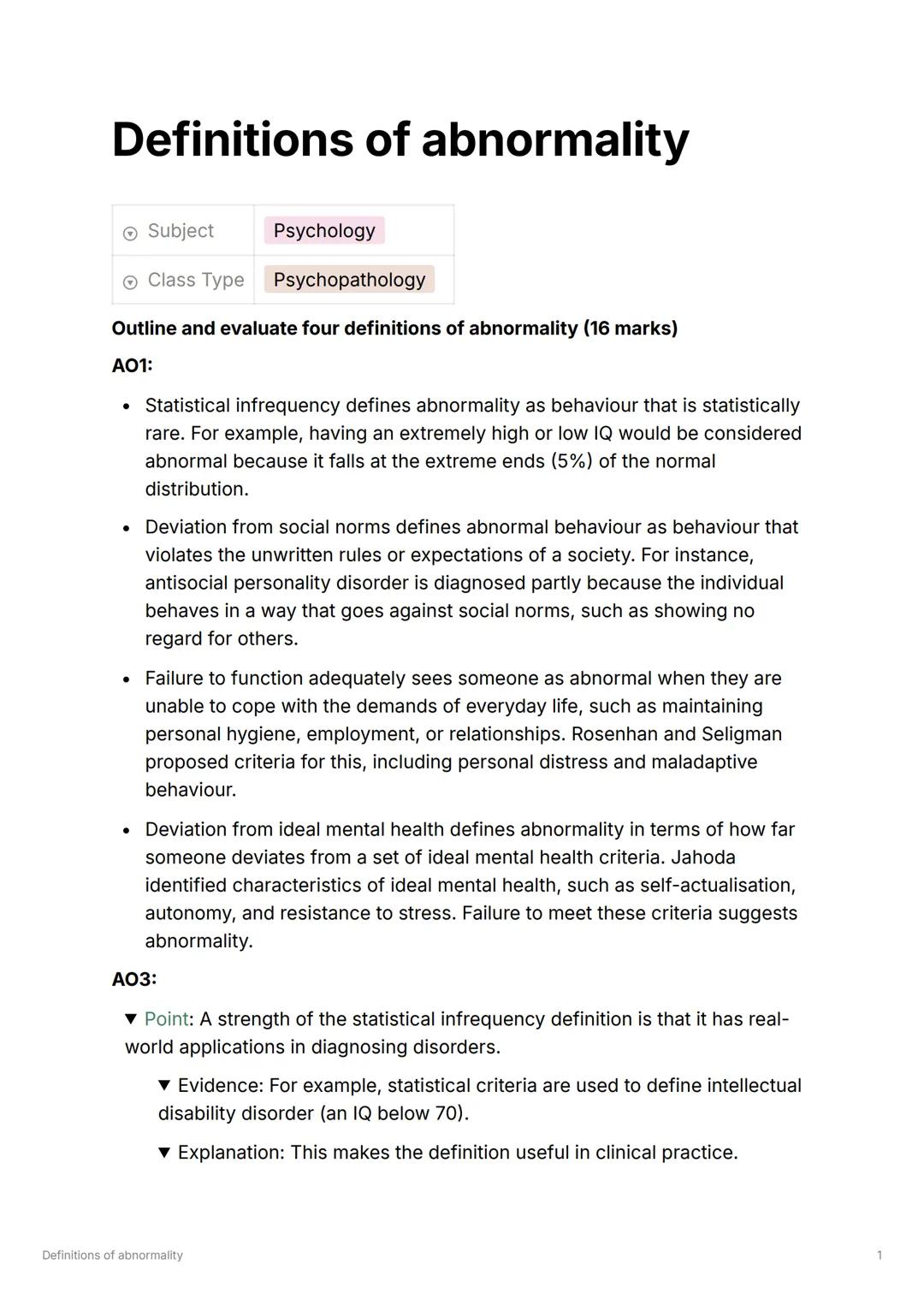 # PSYCHOPATHOLOGY Definitions of abnormality
Subject
Psychology
Class Type Psychopathology
Outline and evaluate four definitions of abnormal