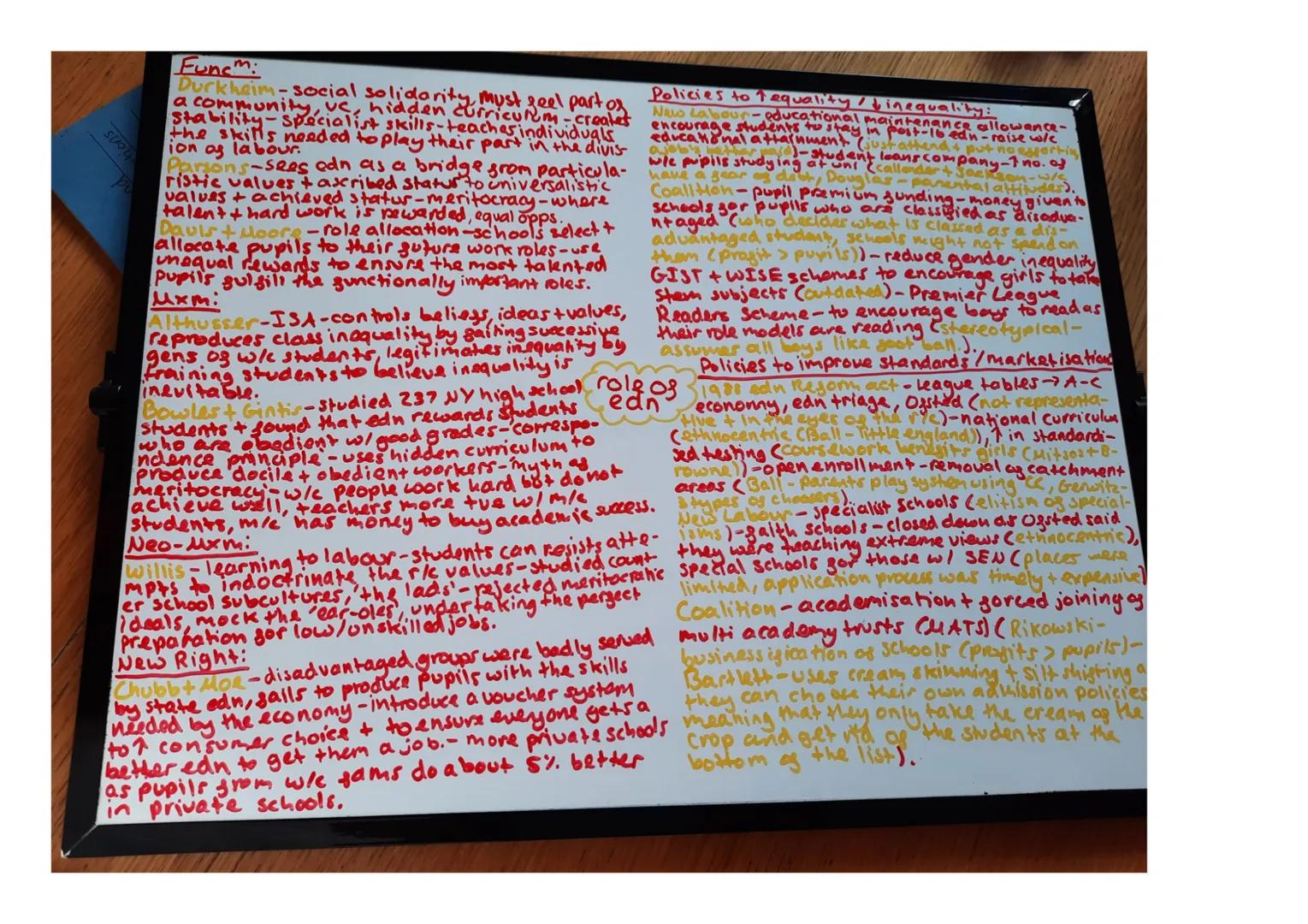 ## Funcm:
Durkheim-social solidarity! Must feel part of
a community, UC, hidden curriculum-creates
Stability-specialist skills-teaches indiv