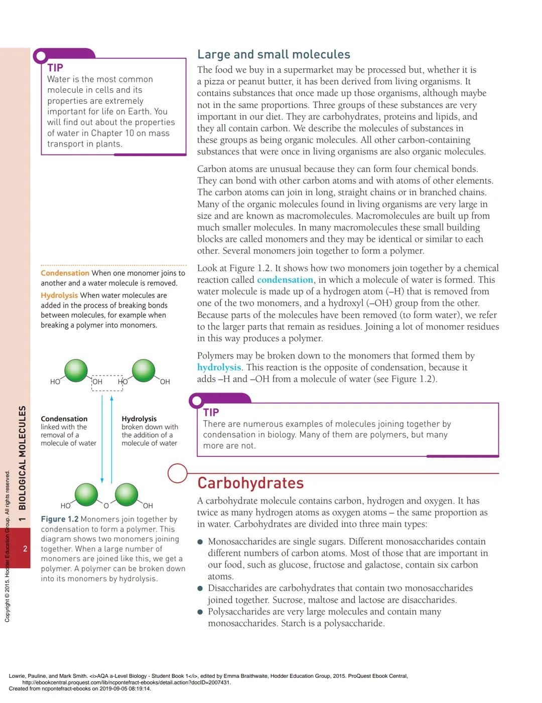 1
Biological molecules
PRIOR KNOWLEDGE
Before you start, make sure that you are confident in your knowledge and
understanding of the followi