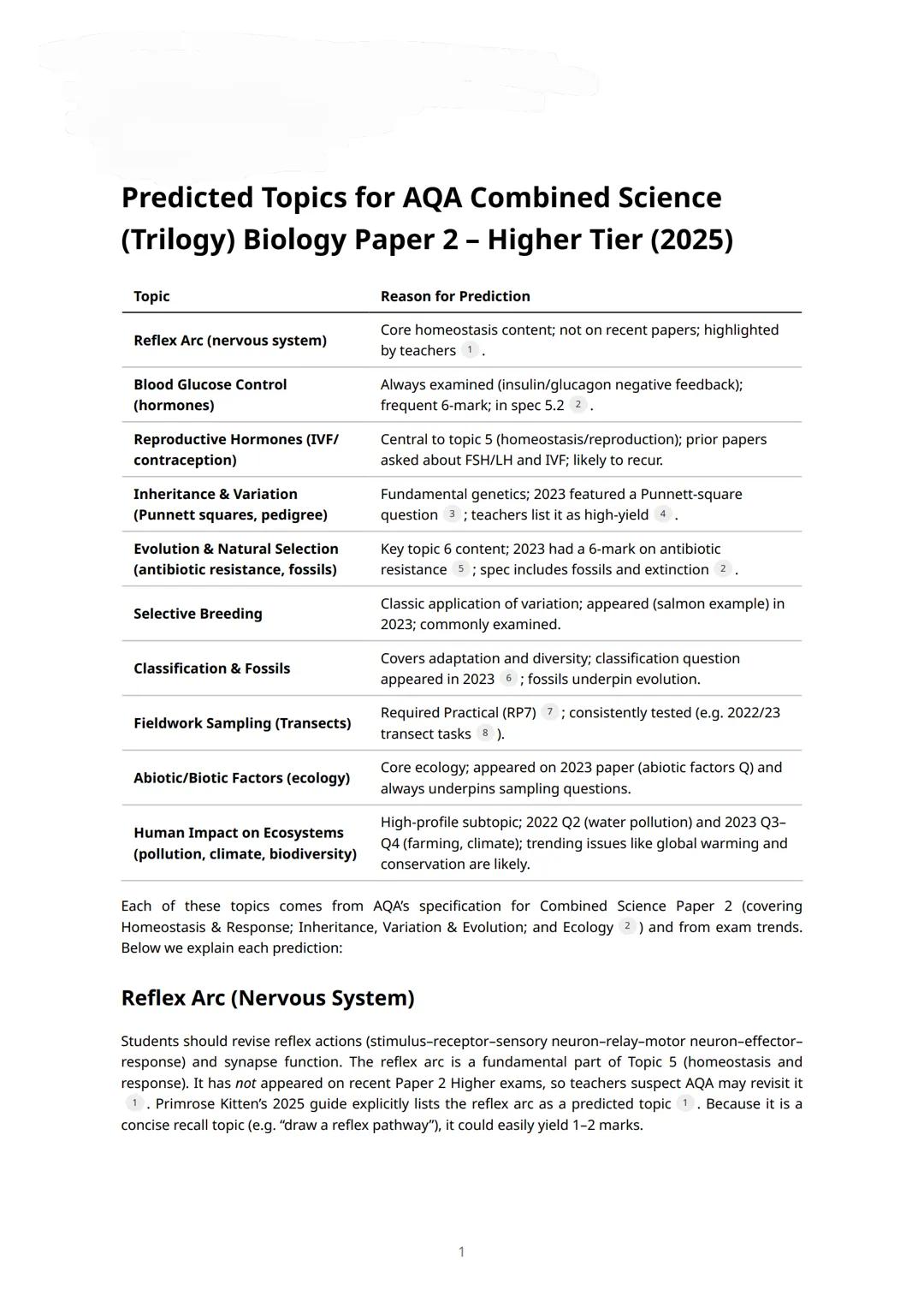 Predicted Topics for AQA Combined Science
(Trilogy) Biology Paper 2 - Higher Tier (2025)
Topic
Reason for Prediction
Reflex Arc (nervous sys