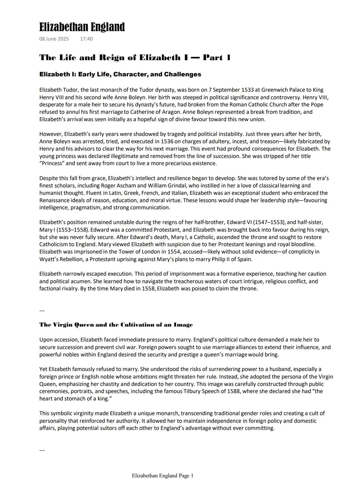 AQA History - Elizabethan England - All information - Specification Included