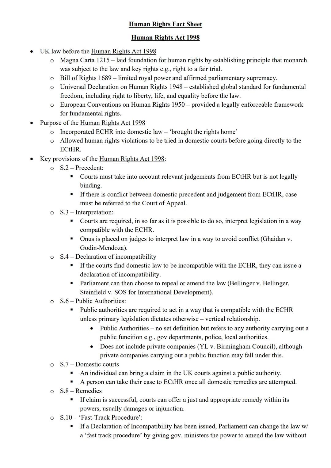 # Human Rights Fact Sheet
# Human Rights Act 1998
* UK law before the Human Rights Act 1998
* Magna Carta 1215 – laid foundation for hu