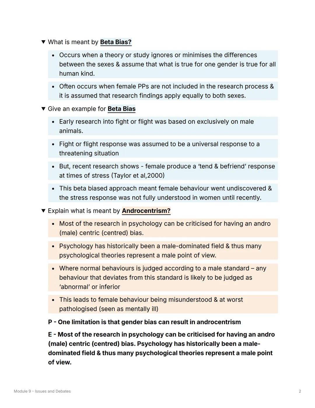 Module 9 - Issues and Debates
Gender Bias
▼ What is meant by Universality?
• Research should try to maintain an unbiased, factual & value-fr