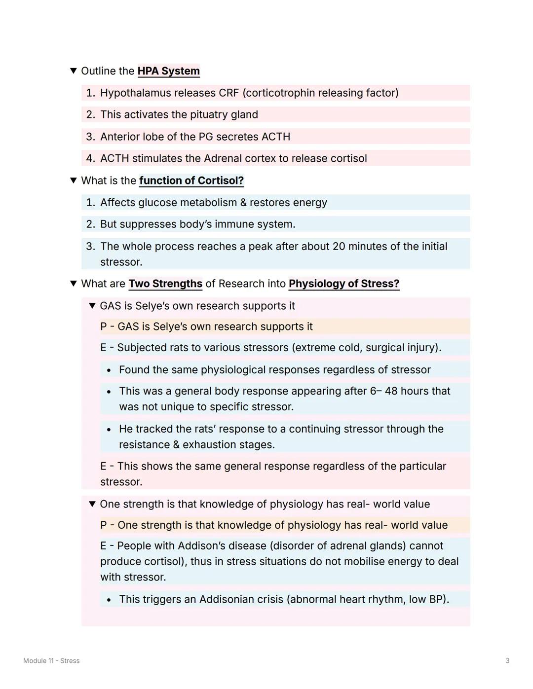 >>
Module 11 - Stress
Physiology of Stress
General Adaptation Syndrome (GAS) - Selye (1936)
▼ What is the First stage?
Alarm Reaction
• Sely