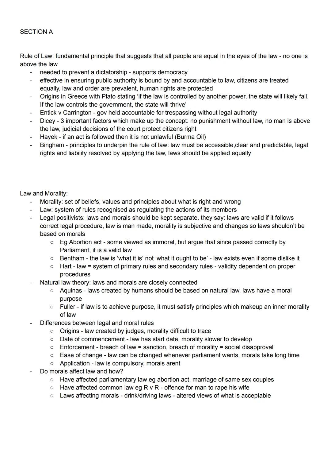 SECTION A
Rule of Law: fundamental principle that suggests that all people are equal in the eyes of the law - no one is
above the law
- need
