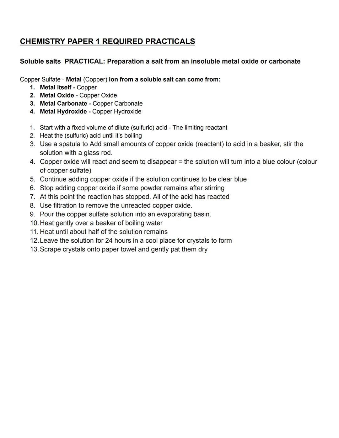 CHEMISTRY PAPER 1 REQUIRED PRACTICALS
Soluble salts PRACTICAL: Preparation a salt from an insoluble metal oxide or carbonate
Copper Sulfate