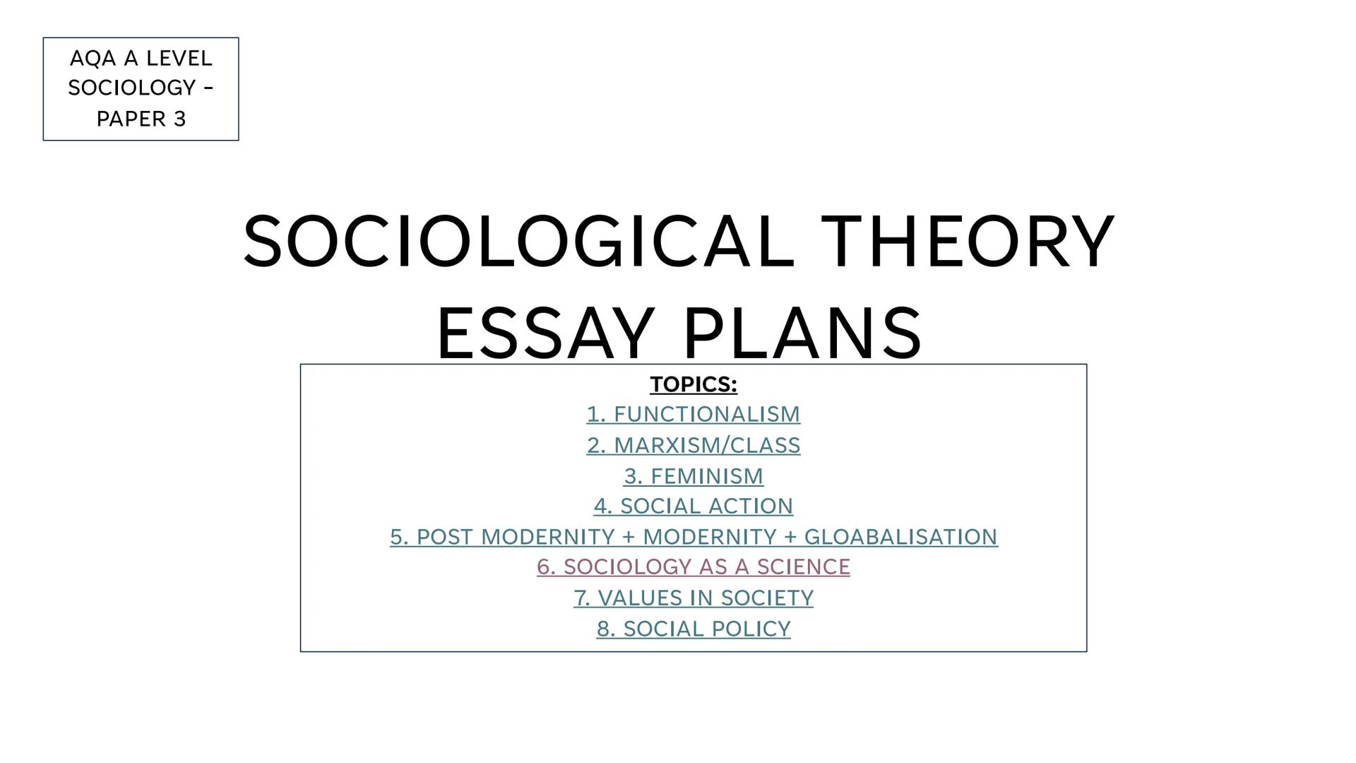 AQA A LEVEL
SOCIOLOGY -
PAPER 3
SOCIOLOGICAL THEORY
ESSAY PLANS
TOPICS:
1. FUNCTIONALISM
2. MARXISM/CLASS
3. FEMINISM
4. SOCIAL ACTION
5. PO