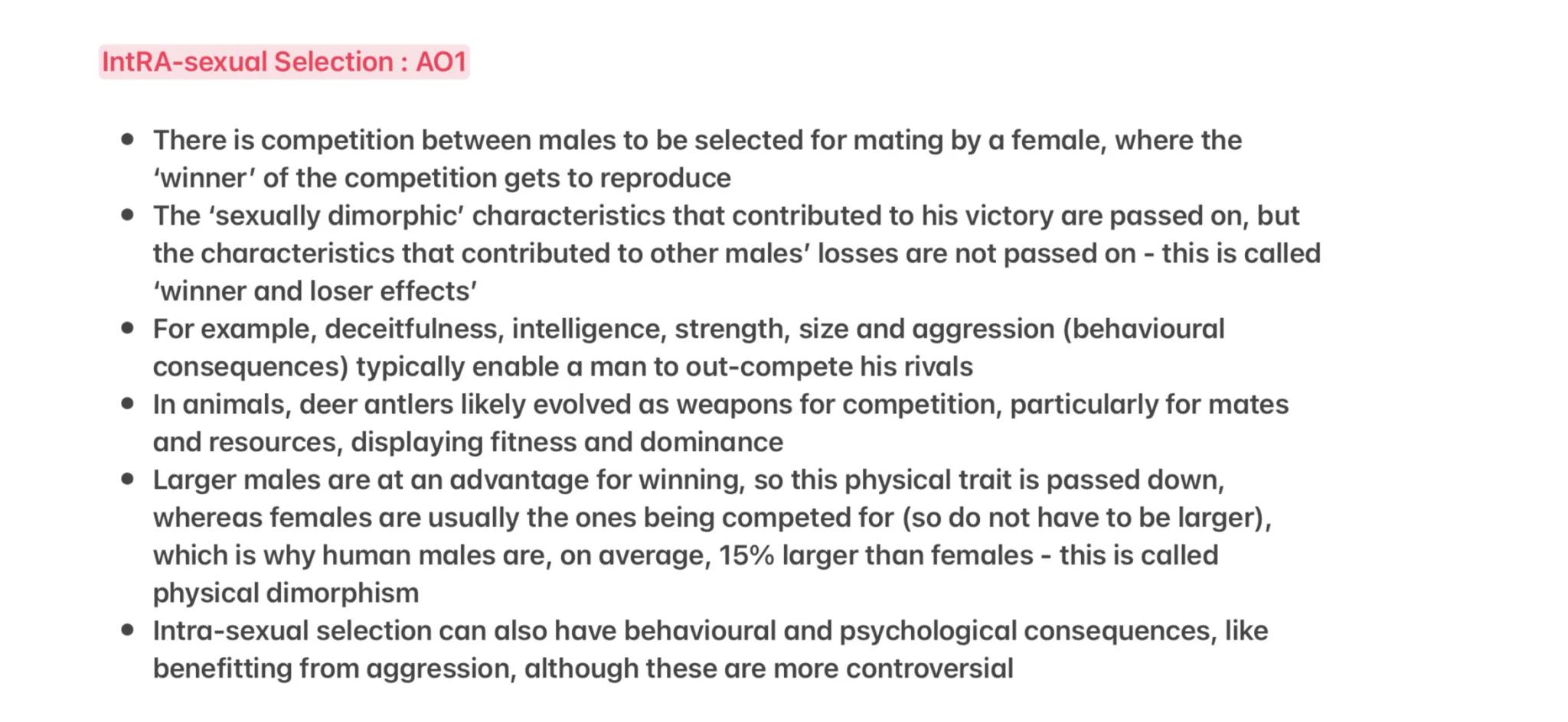 8 June 2025 at 21:43
Relationships AO1 Summaries
IntER-sexual Selection : A01
• Inter-sexual selection is between (INTER) the sexes, referri