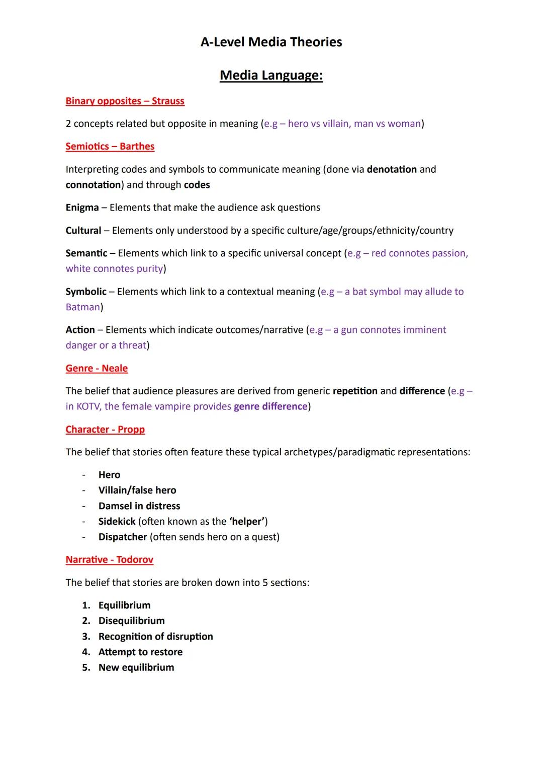 Binary opposites - Strauss
A-Level Media Theories
Media Language:
2 concepts related but opposite in meaning (e.g - hero vs villain, man vs