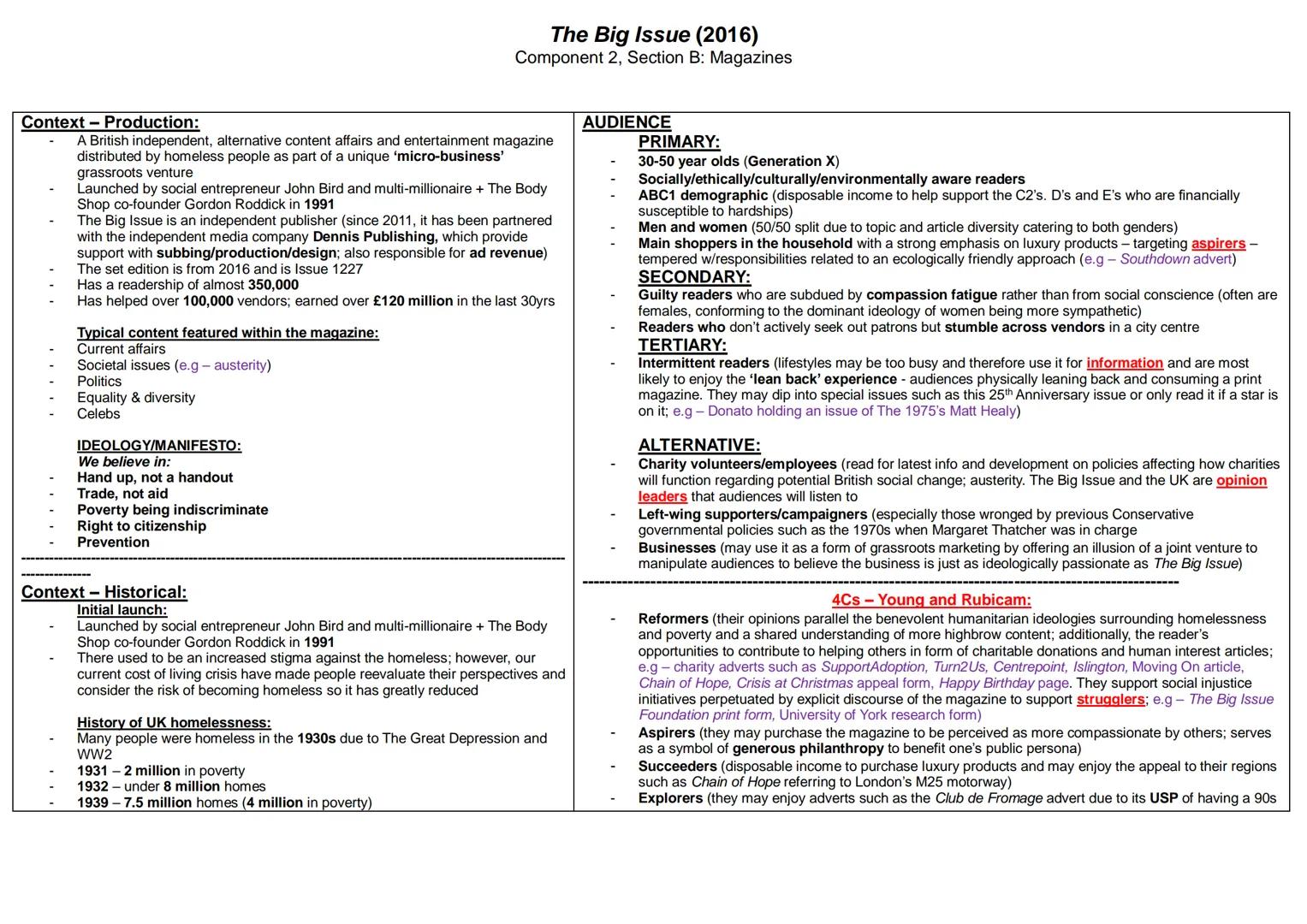 The Big Issue (2016)
Component 2, Section B: Magazines
Context-Production:
A British independent, alternative content affairs and entertainm