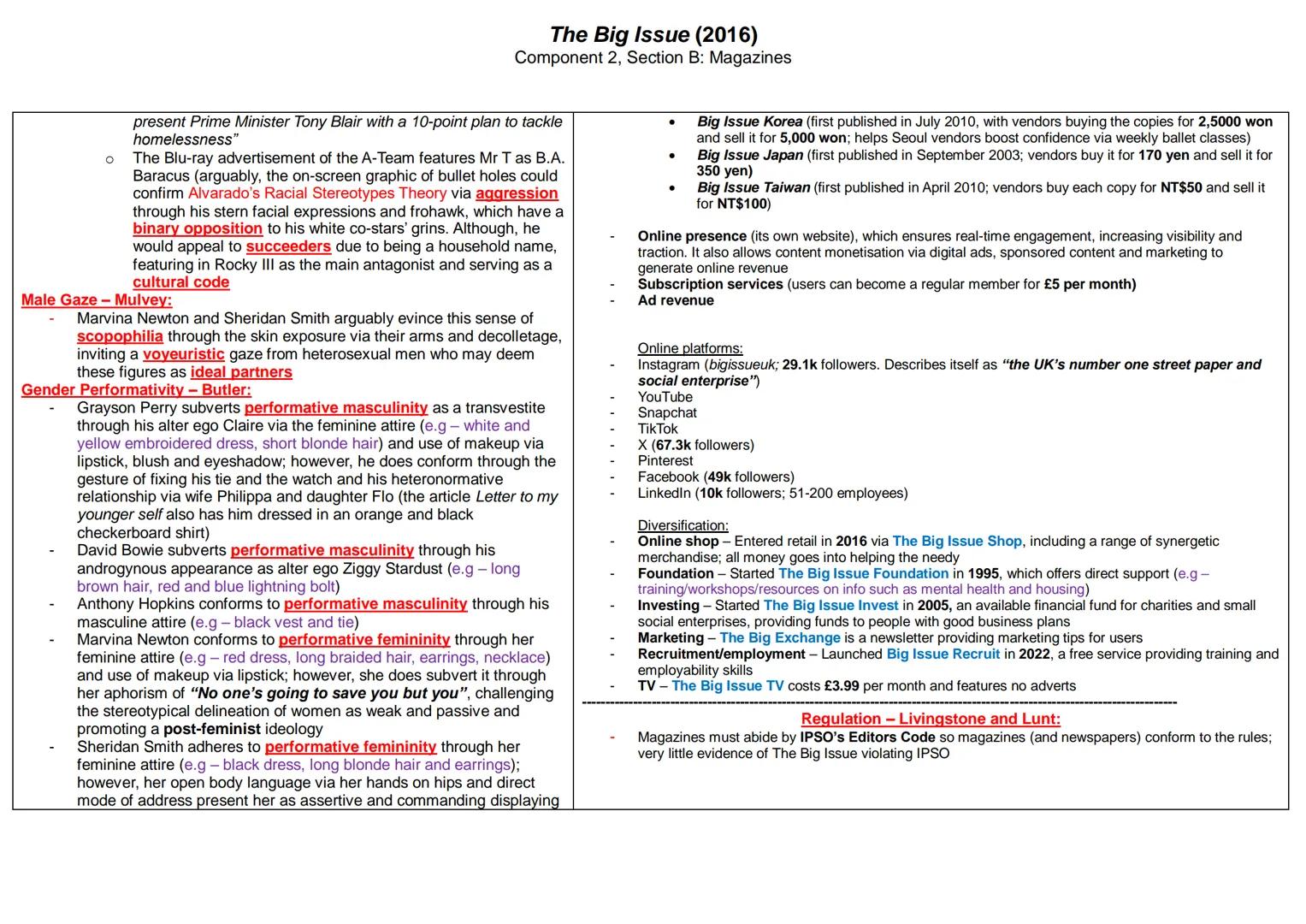 The Big Issue (2016)
Component 2, Section B: Magazines
Context-Production:
A British independent, alternative content affairs and entertainm