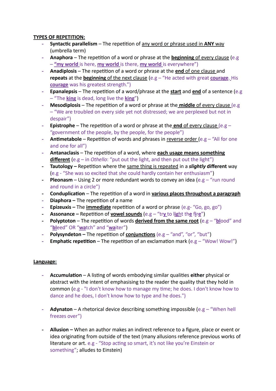 TYPES OF REPETITION:
- Syntactic parallelism - The repetition of any word or phrase used in ANY way
(umbrella term)
- Anaphora - The repetit