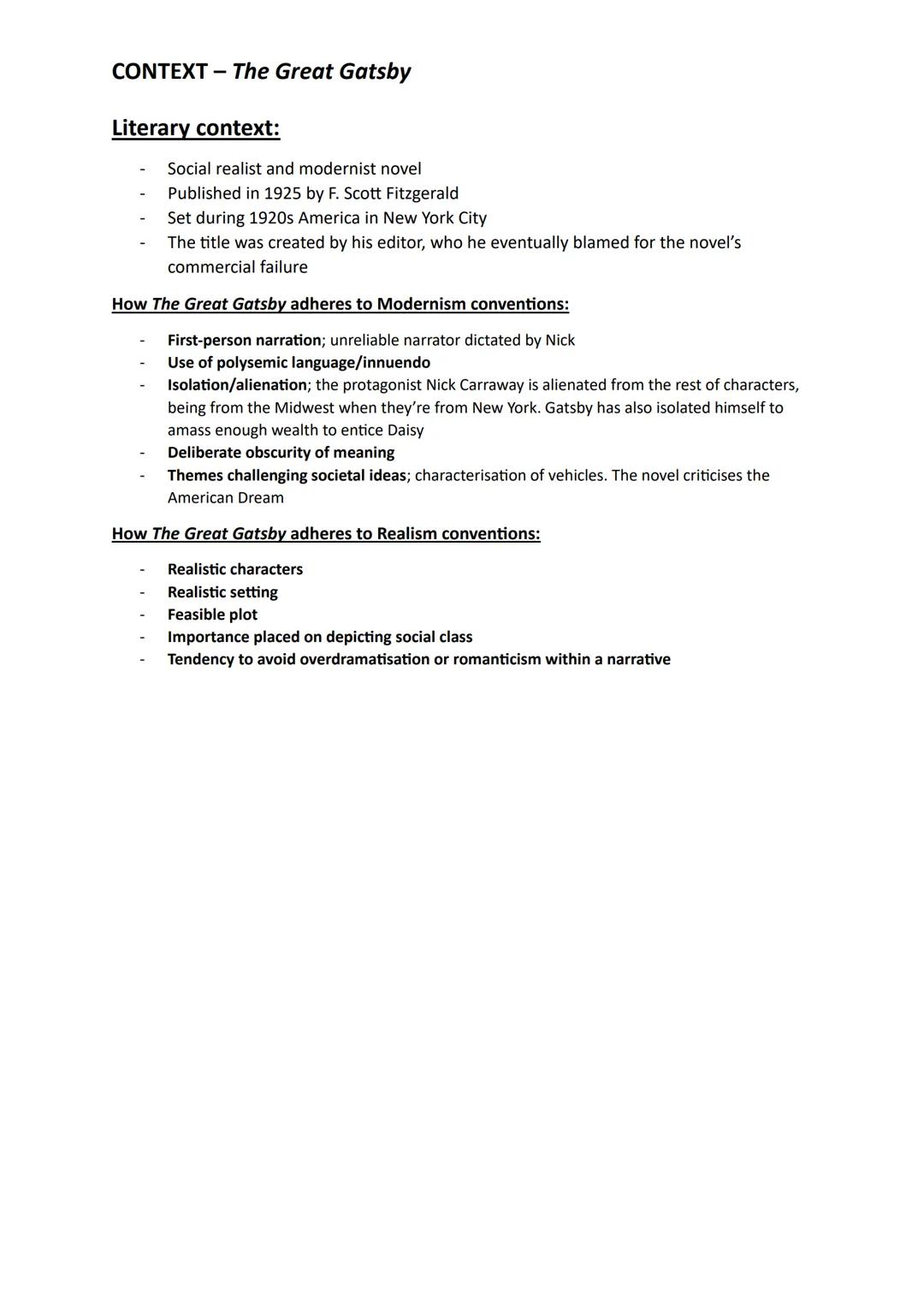CONTEXT - The Great Gatsby
Literary context:
- Social realist and modernist novel
- Published in 1925 by F. Scott Fitzgerald
- Set during 19