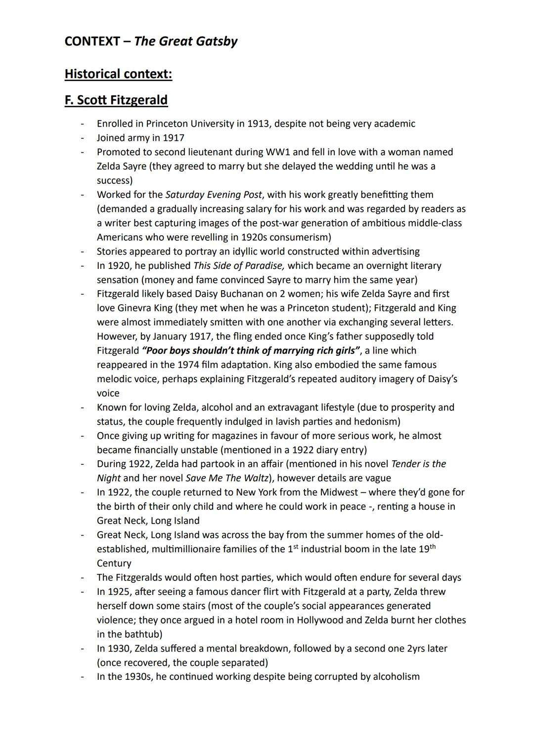 CONTEXT - The Great Gatsby
Literary context:
- Social realist and modernist novel
- Published in 1925 by F. Scott Fitzgerald
- Set during 19