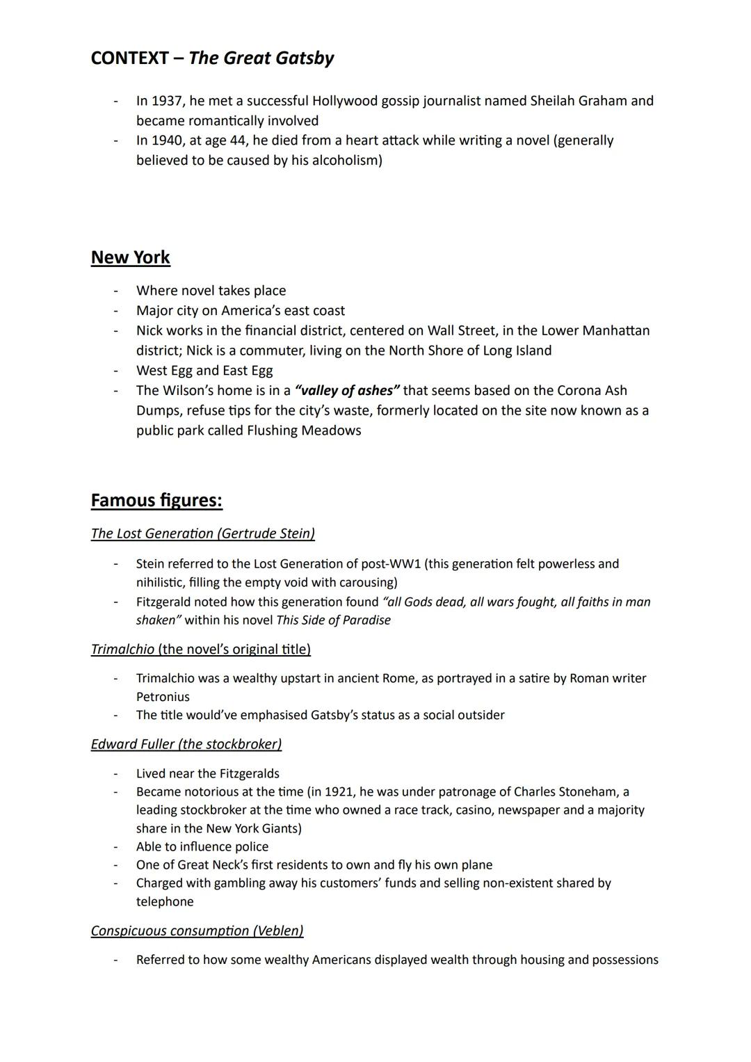 CONTEXT - The Great Gatsby
Literary context:
- Social realist and modernist novel
- Published in 1925 by F. Scott Fitzgerald
- Set during 19