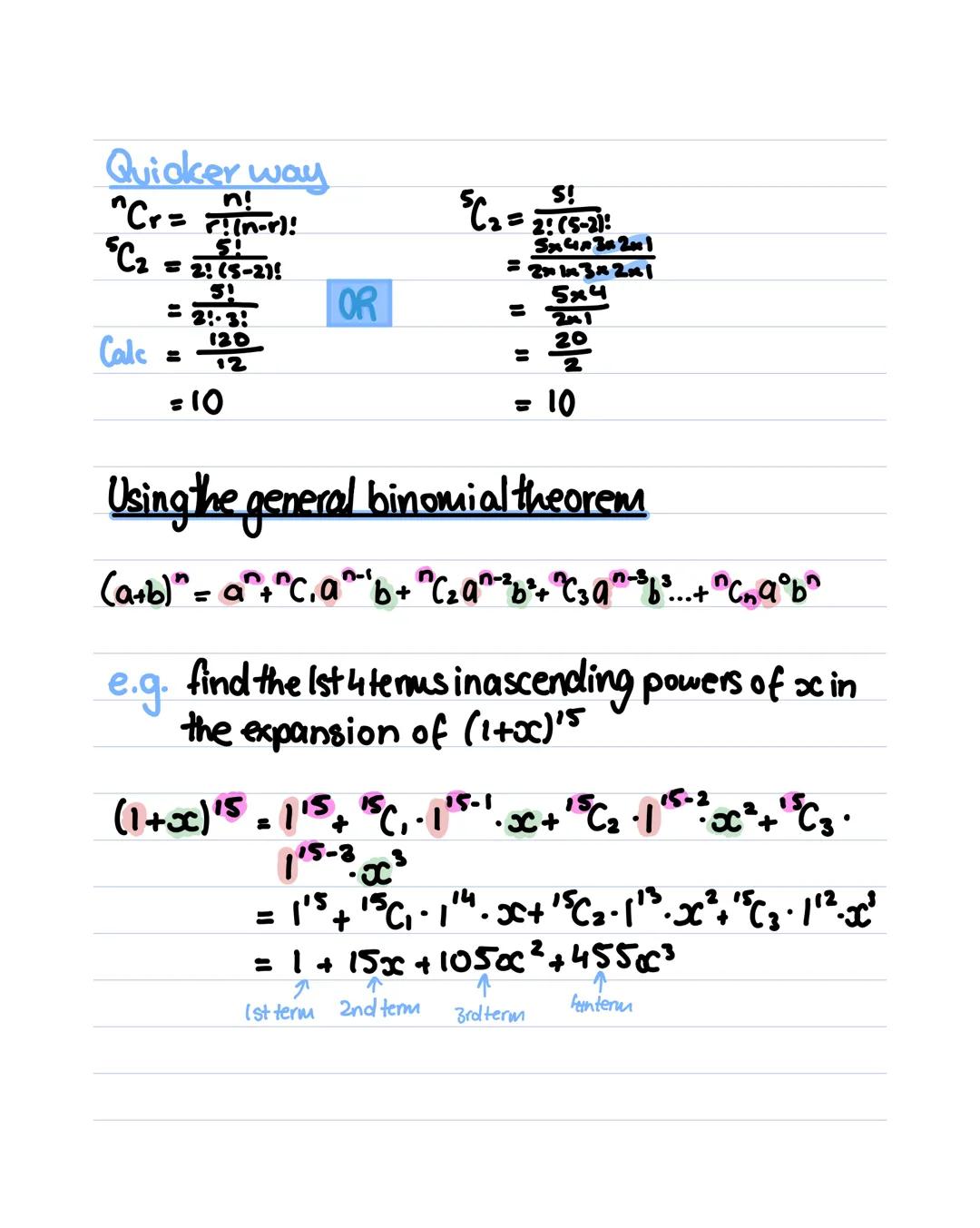 Binomial theorem.
(1+x)² =
1
1
xx
x
x
3
= 1+2x+x²
(1+x)³ = (1+2x+x²) x (1+x)
= x 1 2x x²
1 1 2x x²
xx 2x² x³
= 1+3x+3x²+x³
(1+x)⁴ = (1+3x+3