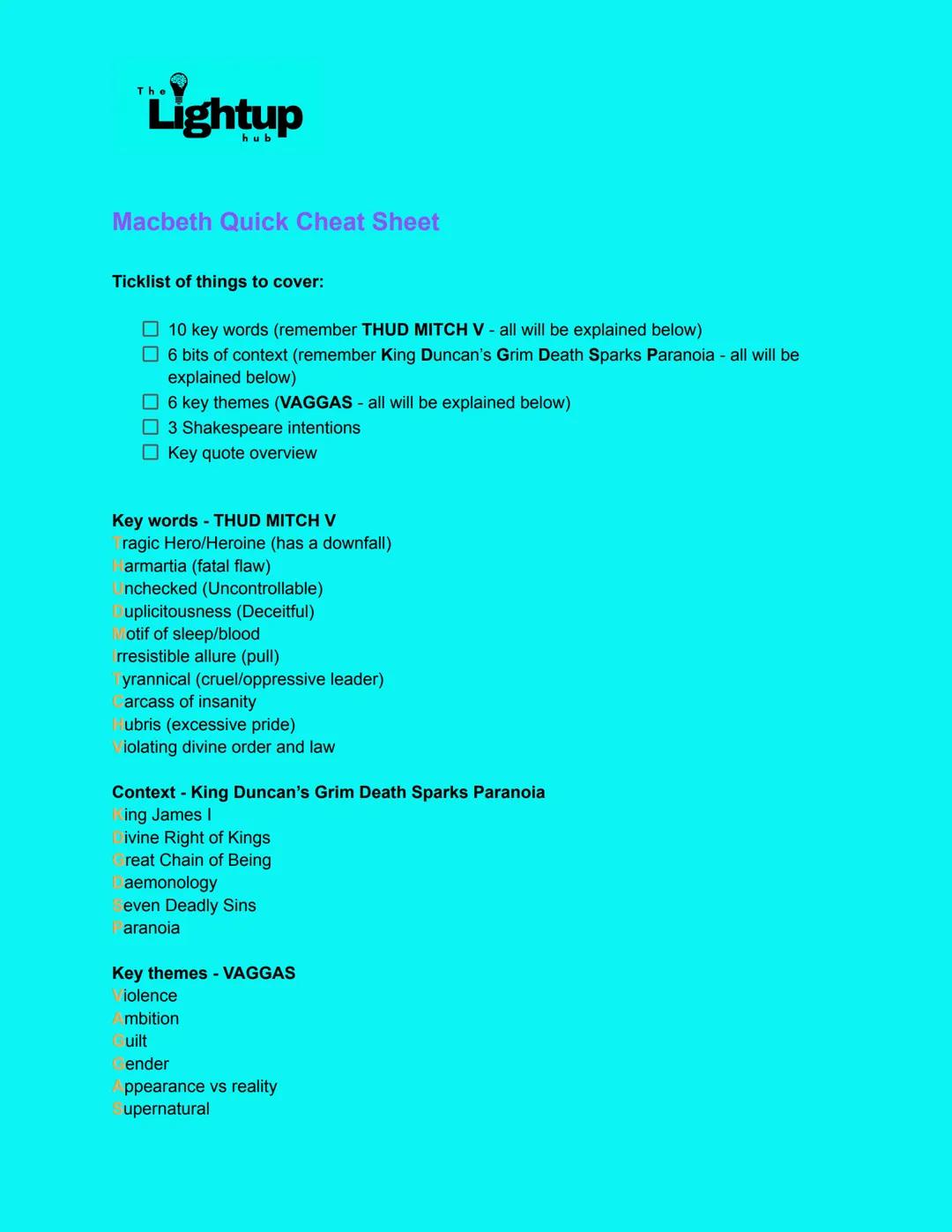The
Lightup
hub
Macbeth Quick Cheat Sheet
Ticklist of things to cover:
- 10 key words (remember THUD MITCH V - all will be explained below)
