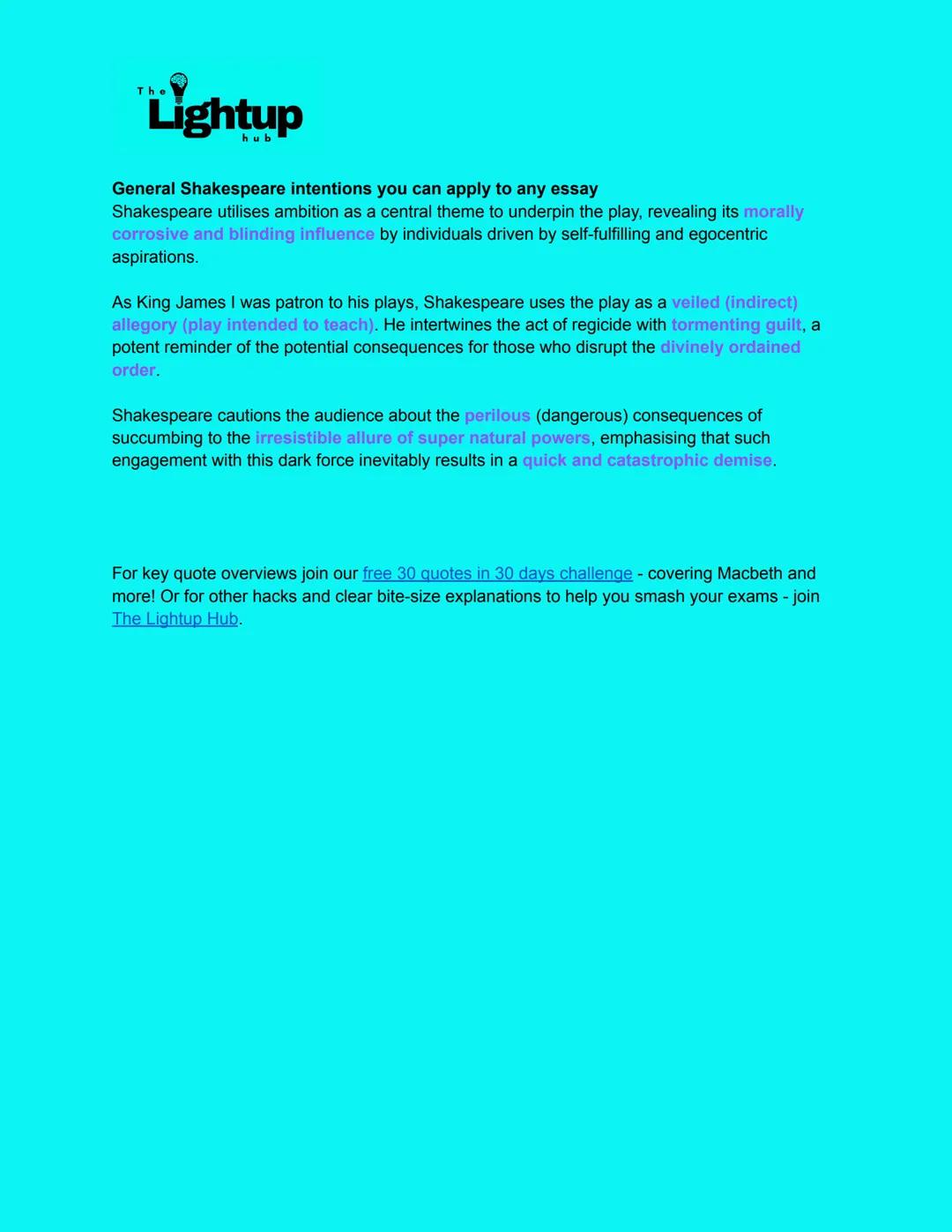 The
Lightup
hub
Macbeth Quick Cheat Sheet
Ticklist of things to cover:
- 10 key words (remember THUD MITCH V - all will be explained below)