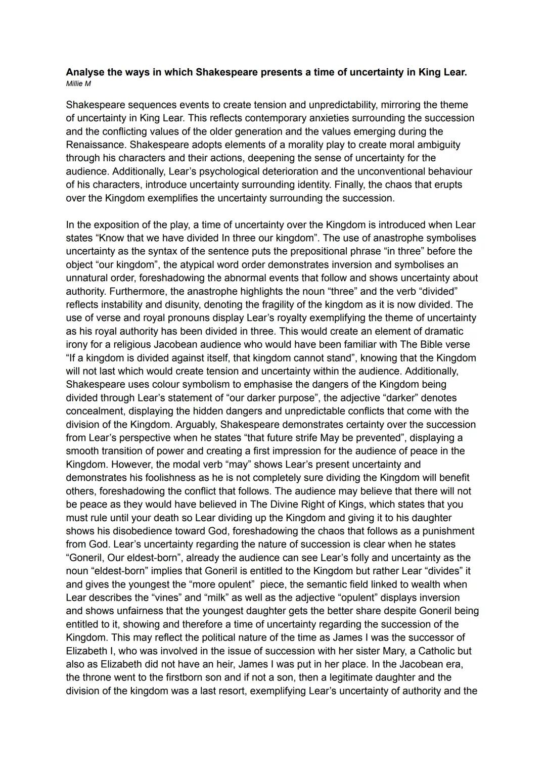 King Lear grade A/A* essay. A level English Literature