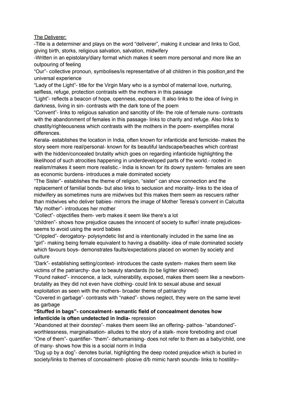 The Deliverer:
-Title is a determiner and plays on the word "deliverer", making it unclear and links to God,
giving birth, storks, religious