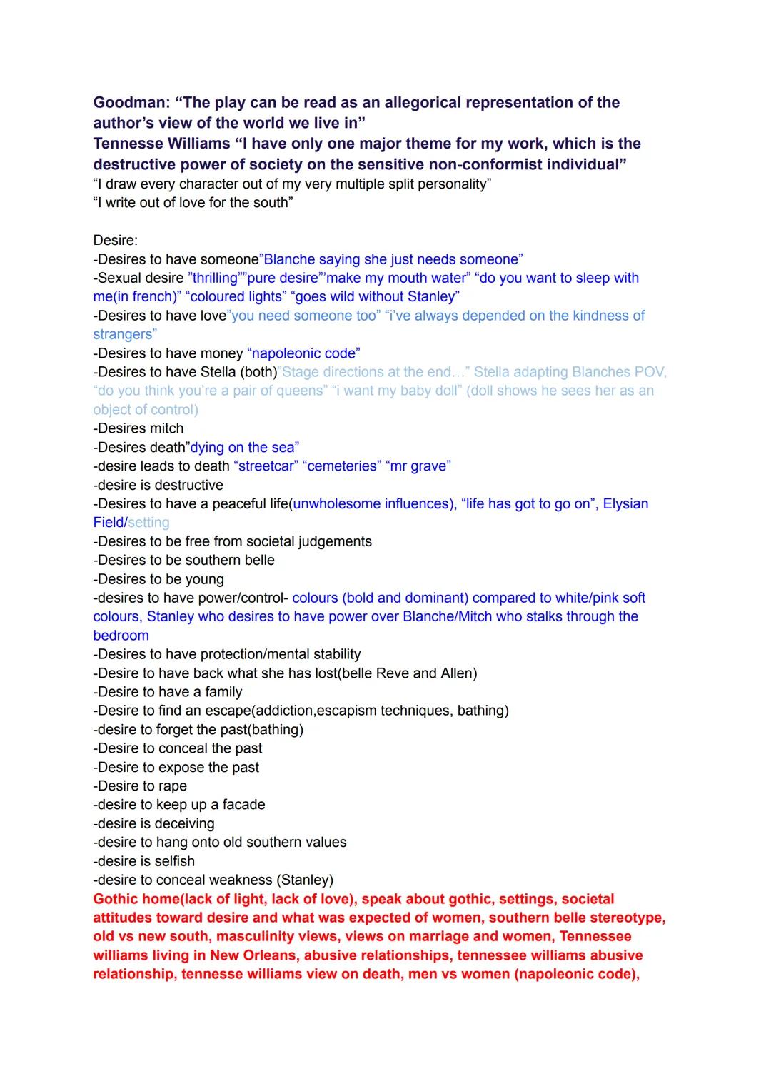 Goodman: "The play can be read as an allegorical representation of the
author's view of the world we live in"
Tennesse Williams "I have only