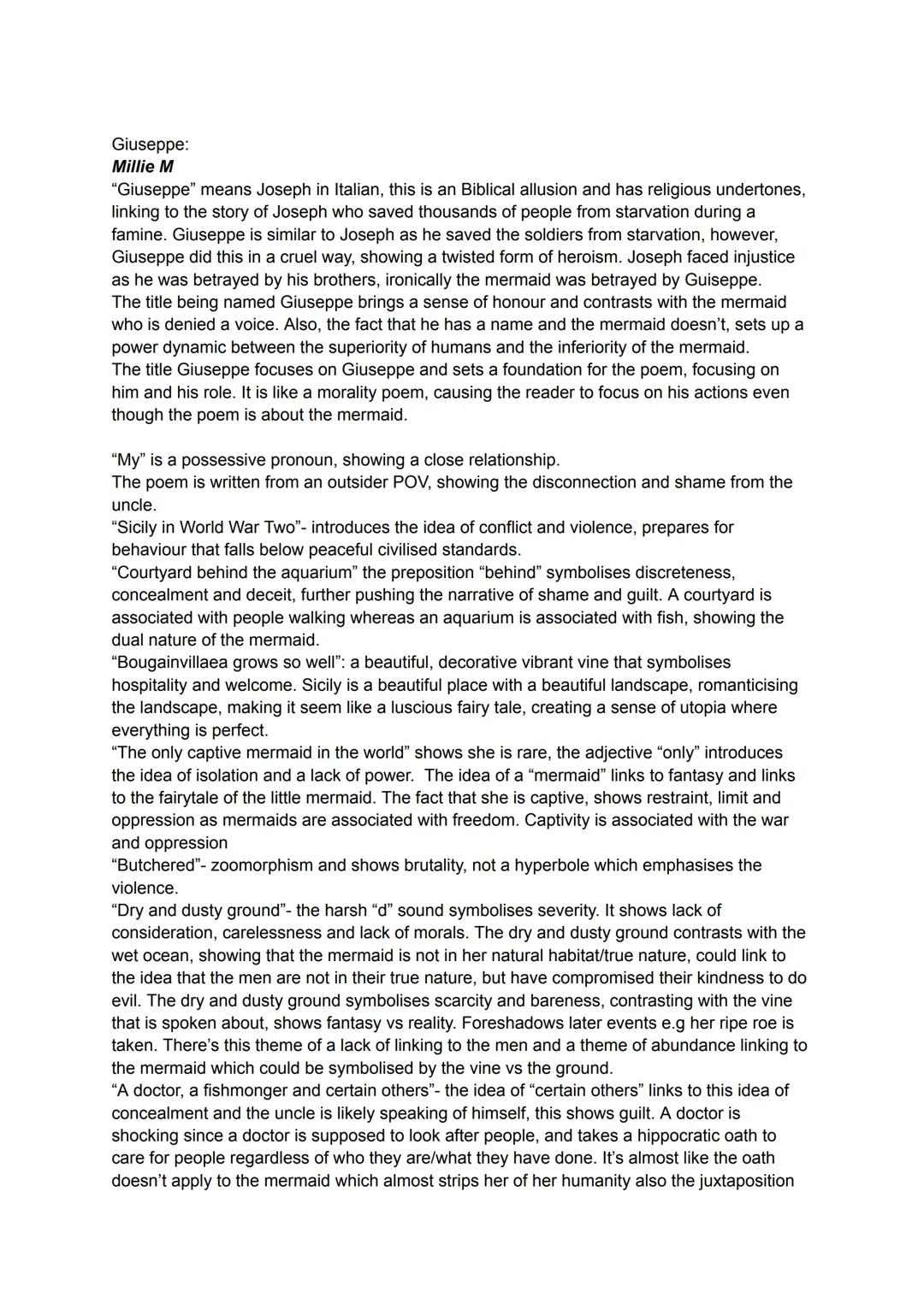 Giuseppe:
Millie M
"Giuseppe" means Joseph in Italian, this is an Biblical allusion and has religious undertones,
linking to the story of Jo