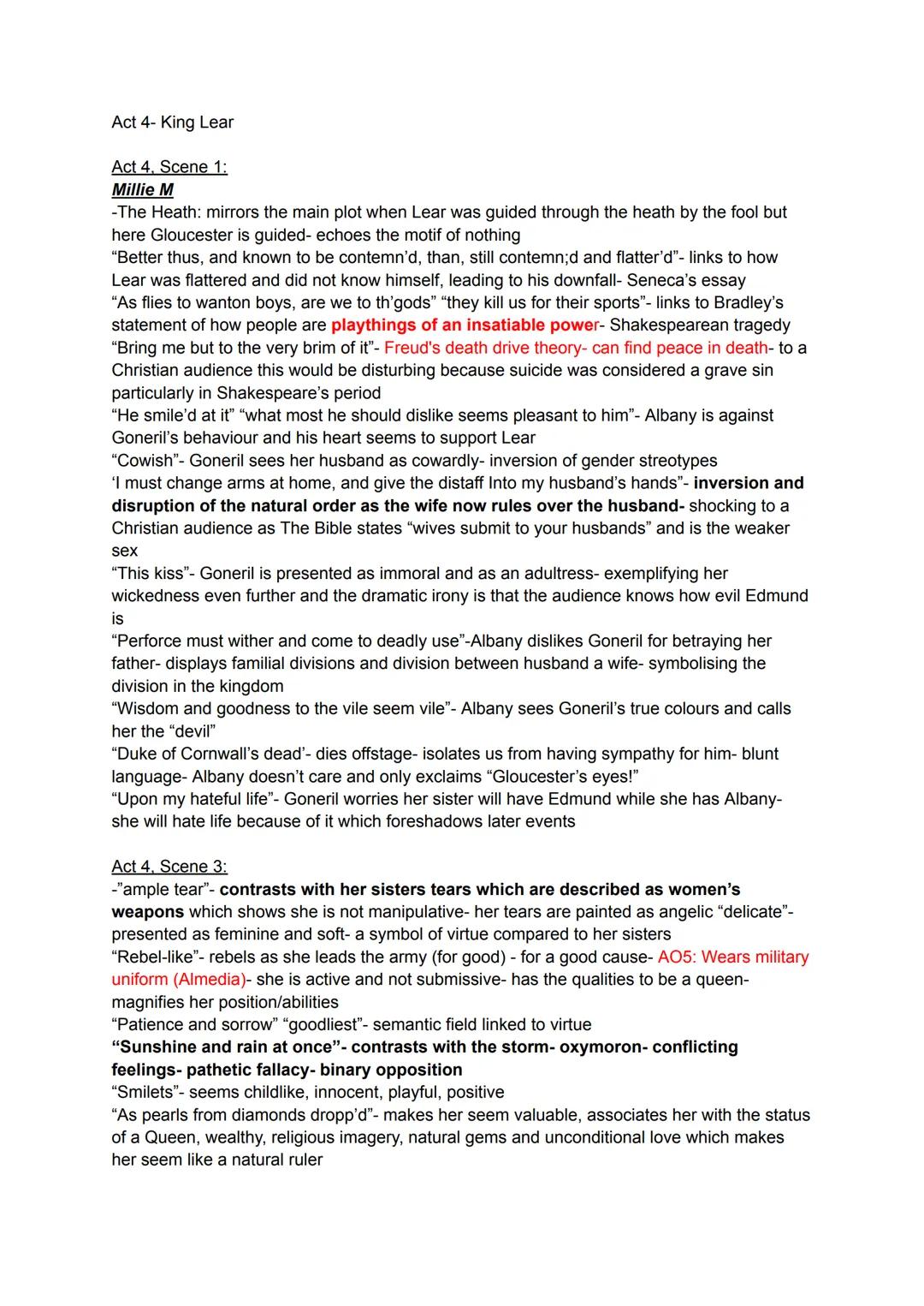 Act 4- King Lear
Act 4, Scene 1:
Millie M
-The Heath: mirrors the main plot when Lear was guided through the heath by the fool but
here Glou
