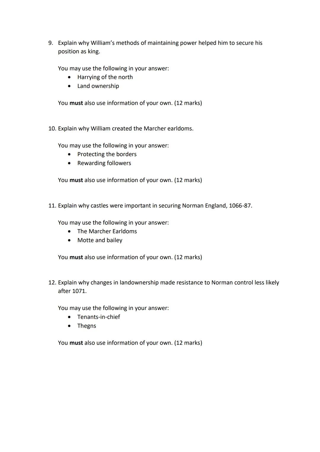 History GCSE Revision - Exam Questions
Paper 2 - Anglo-Saxon and Norman England, c1060-88
Question 1- Describe two features of... (4 mark)
1