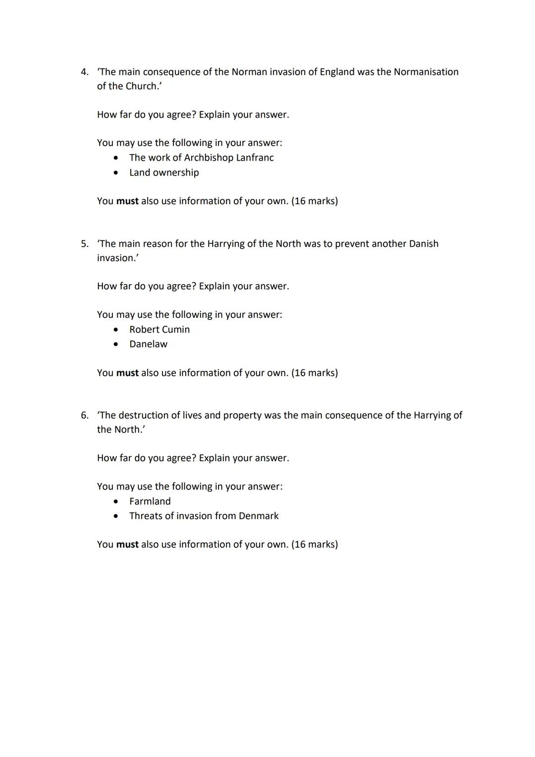 History GCSE Revision - Exam Questions
Paper 2 - Anglo-Saxon and Norman England, c1060-88
Question 1- Describe two features of... (4 mark)
1