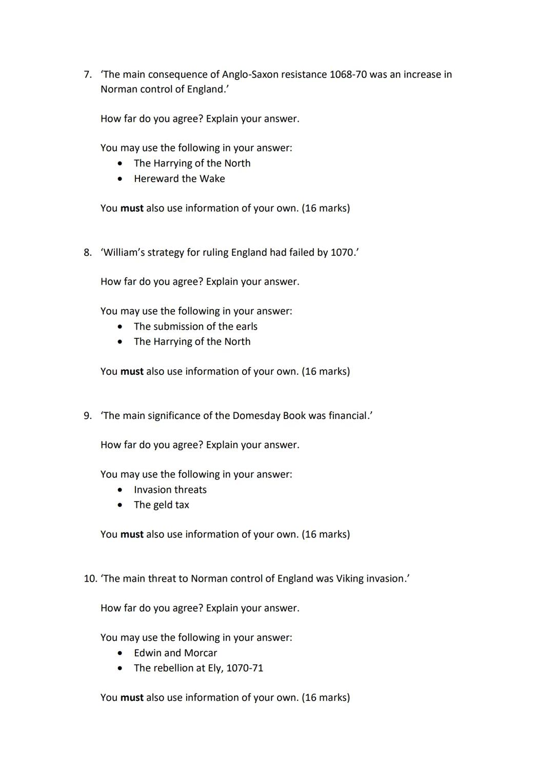 History GCSE Revision - Exam Questions
Paper 2 - Anglo-Saxon and Norman England, c1060-88
Question 1- Describe two features of... (4 mark)
1