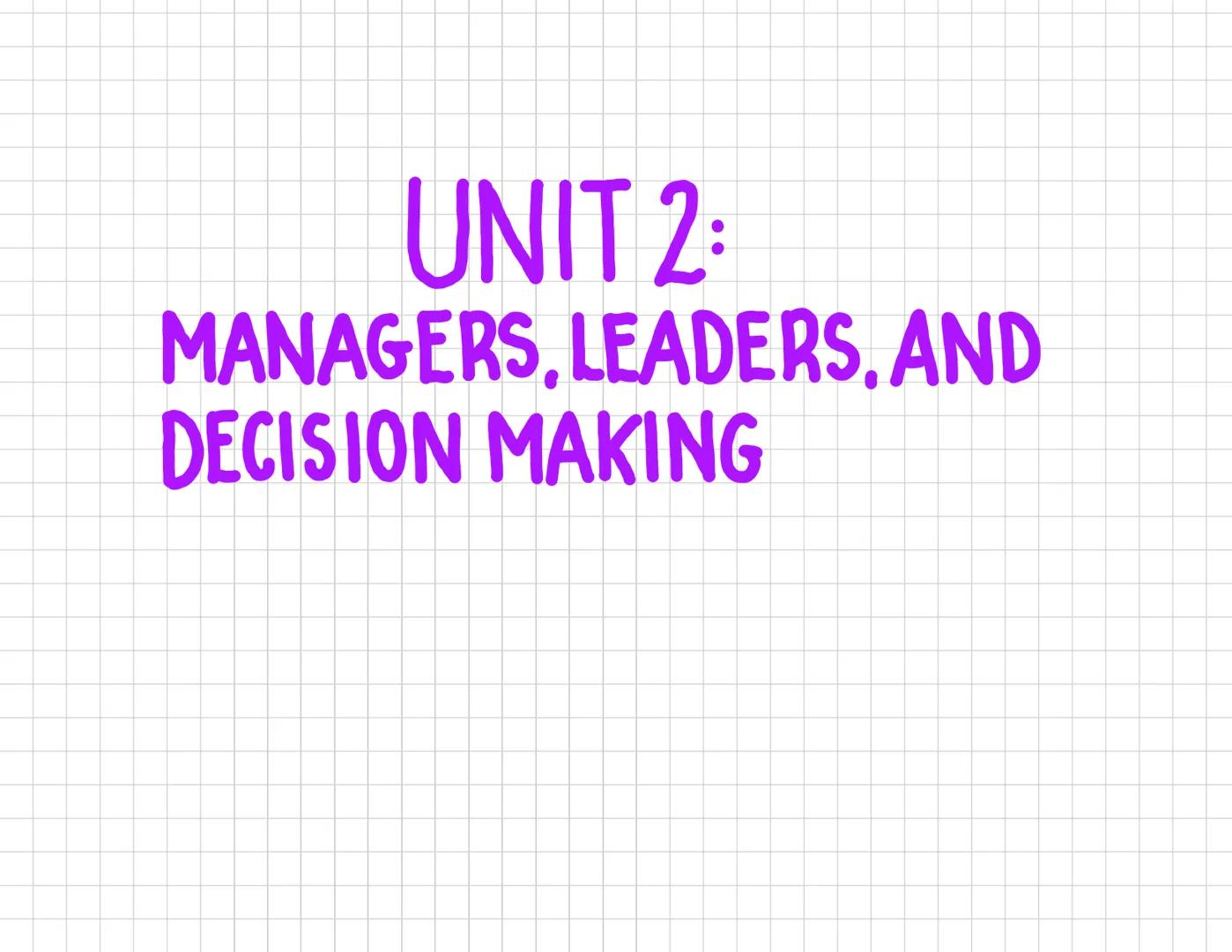 # MANAGERS, LEADERSHIP AND
DECISION MAKING # UNIT 2:
MANAGERS, LEADERS, AND
DECISION MAKING FORMULA
EXPECTED VALUE = (PAY OFF OF A X PROBABI