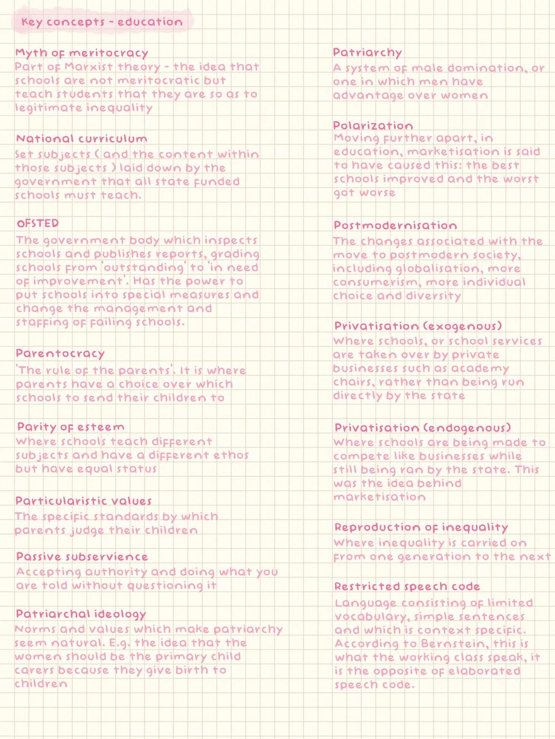 Key concepts - education
A-C economy
Where schools focus a disproportionate
amount of resources on making sure
middling students get 5 A* -