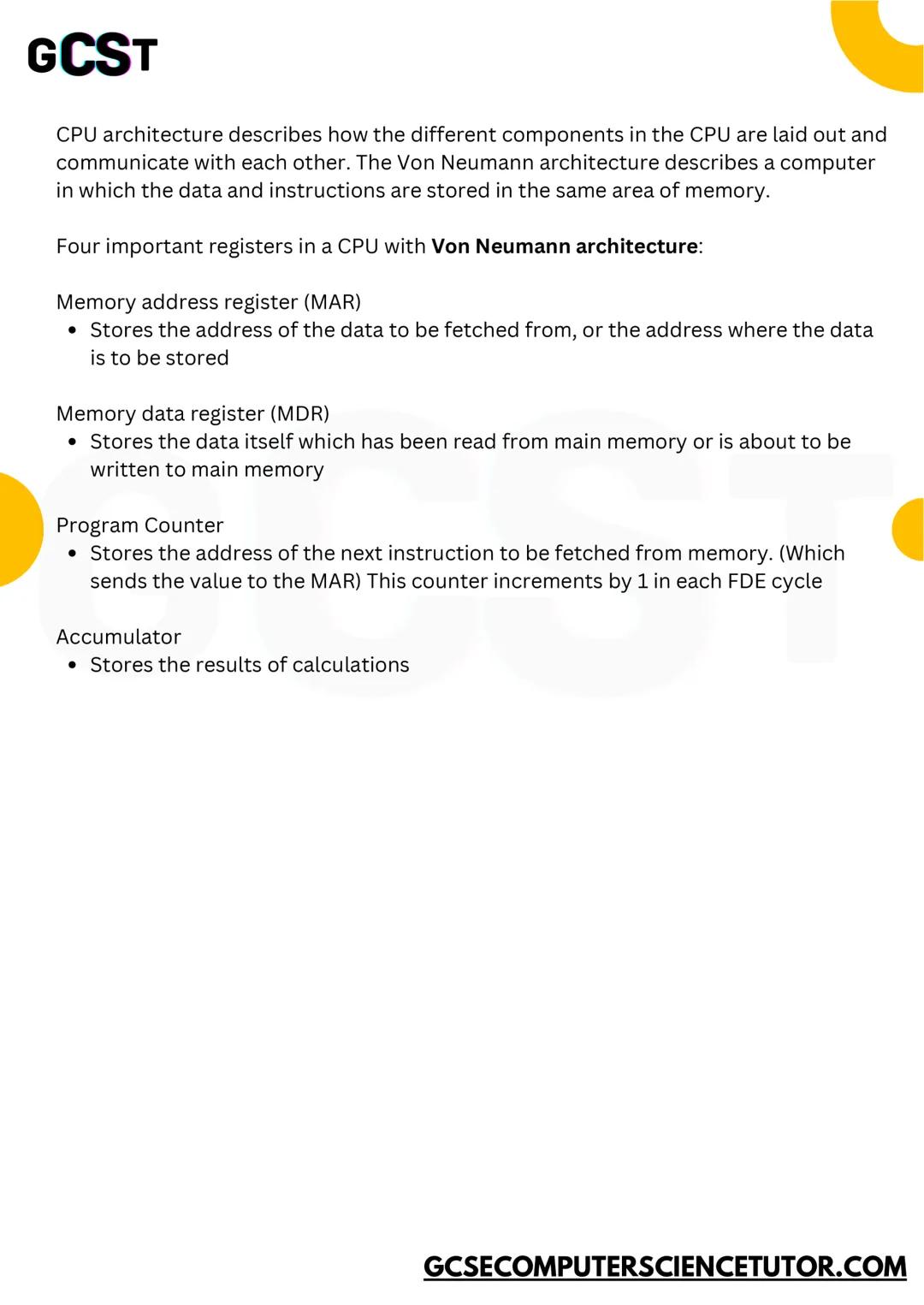# GCST
# 1.1
# SYSTEMS
# ARCHITECTURE
CONCISE NOTES
GCSE OCR
GCSECOMPUTERSCIENCETUTOR.COM # GCST
## 1.1.1 ARCHITECTURE OF THE CPU
Th