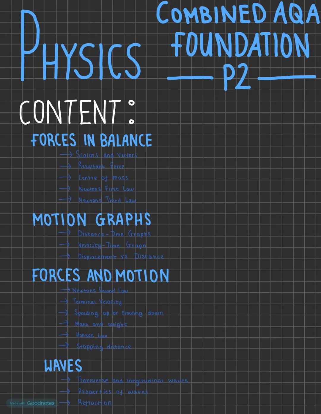 COMBINED AQA
PHYSICS FOUNDATION
CONTENT:
FORCES IN BALANCE
→Scalars and Vectors.
→ Resultant Force
→ Centre of mass
→ Newtons First Law
→ Ne