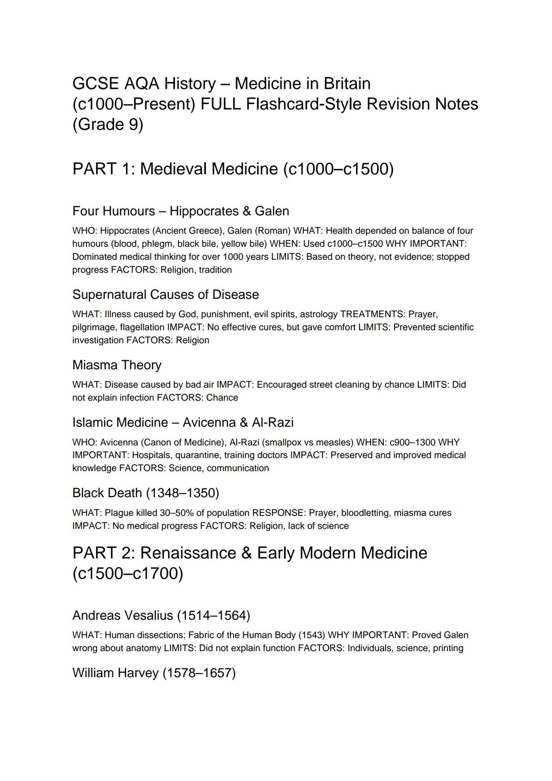 GCSE AQA History - Medicine in Britain
(c1000-Present) FULL Flashcard-Style Revision Notes
(Grade 9)
PART 1: Medieval Medicine (c1000-c1500