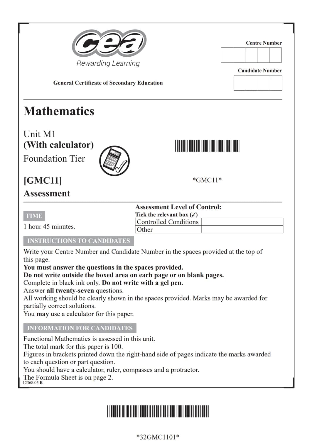 cea
Rewarding Learning
General Certificate of Secondary Education
Centre Number
Candidate Number
# Mathematics
Unit M1
(With calculator)