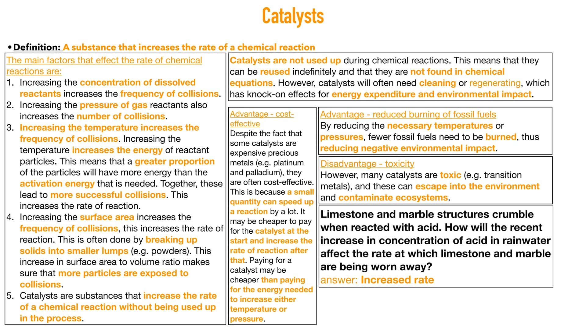 # Catalysts
* Definition: A substance that increases the rate of a chemical reaction
The main factors that effect the rate of chemical react