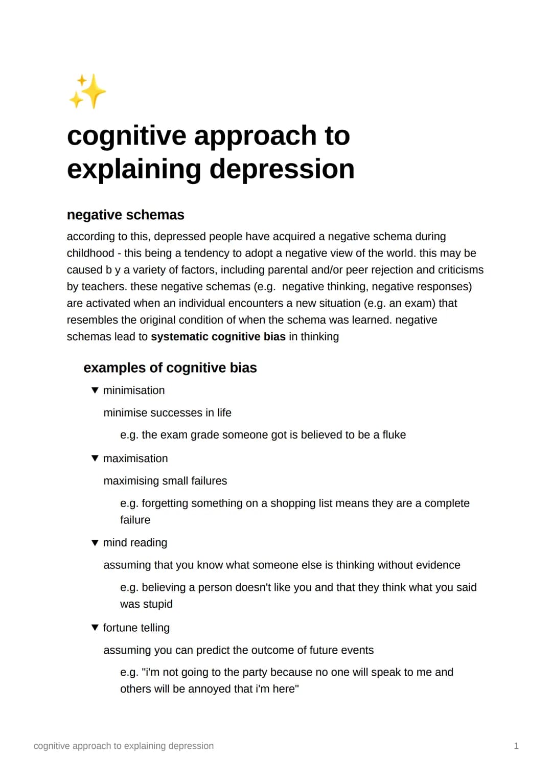 # cognitive approach to explaining depression
## negative schemas
according to this, depressed people have acquired a negative schema durin
