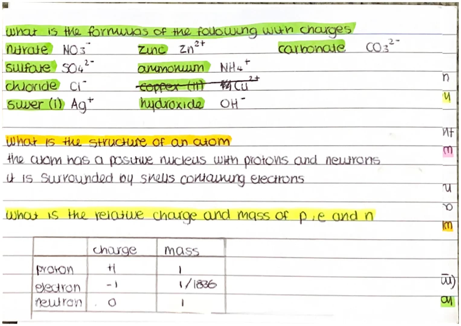 what are the formulas for
ammonium - $NH_4^+$
hydroxide $OH^-$
nitrate $NO_3^-$
sulfuric acid - $H_2SO_4$
carbonate $CO_3^{2-}$
sulfate $SO_
